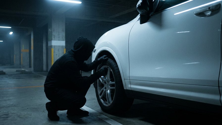 夜の駐車場で、車のフェンダー付近にしゃがみ込む人物のイメージ